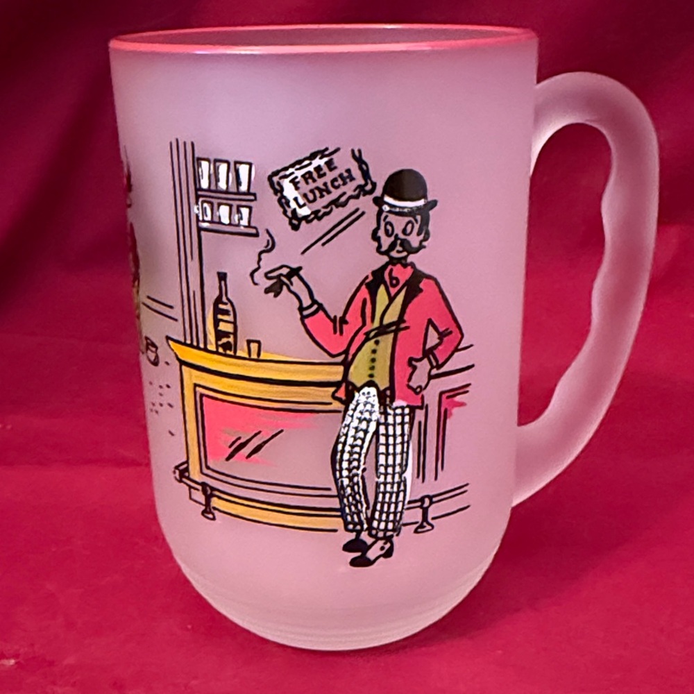Frosted Mug with Vintage Bar Scene - Red and Black